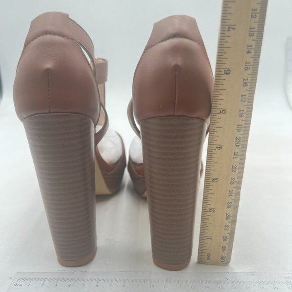 FSJ Brown Peep Open Toe T-Strap Front Zipper Chunky Stacked High Heel Sandal - Picture 5 of 8